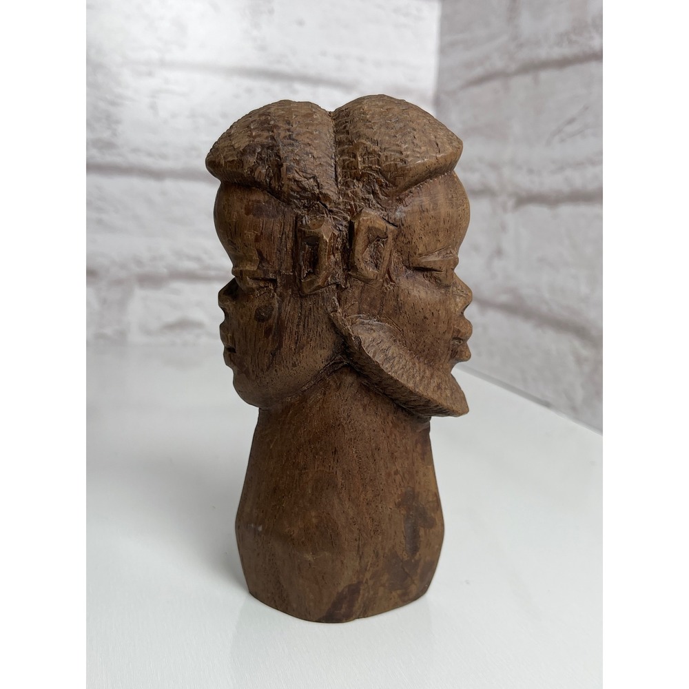 Vintage Hand Carved Double Sided African Wood Bust Sculpture Janus Face Statue
